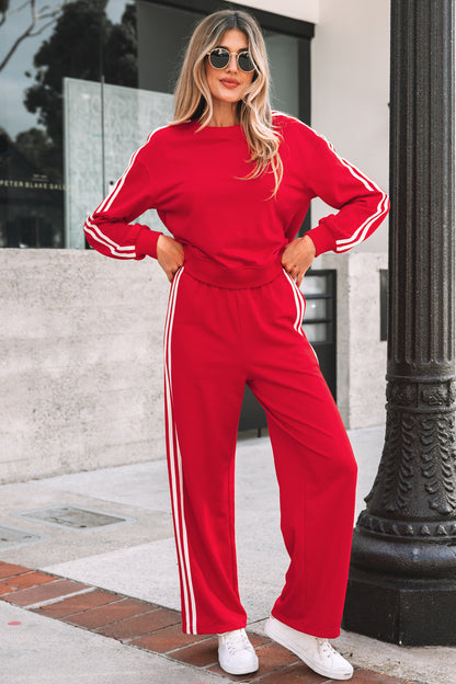 Red Two-Piece Lounge Set – Wide Leg Track Pants & Matching Crewneck Top