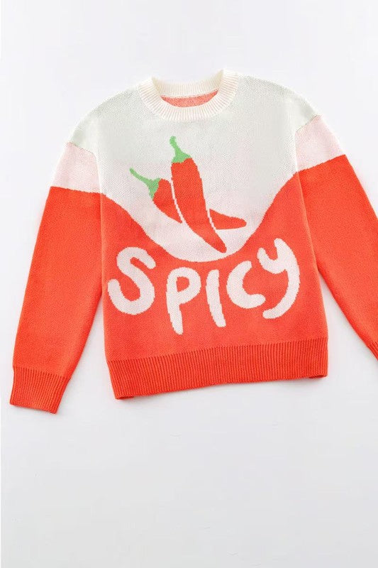 Spicy Pepper Graphic Sweater (Colorblock Knit Pullover)