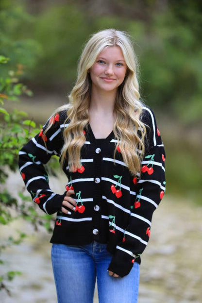 Cherry Stripe Knit Cardigan (Button Front | V-Neck)