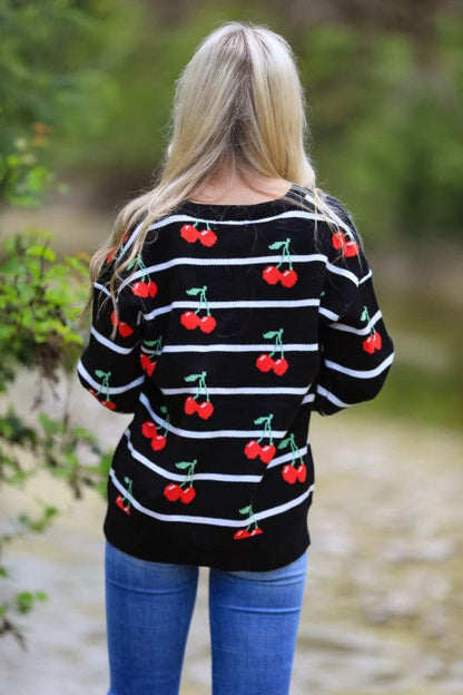 Cherry Stripe Knit Cardigan (Button Front | V-Neck)