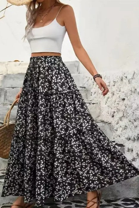Black Floral Tiered Maxi Skirt (Boho High Waist)