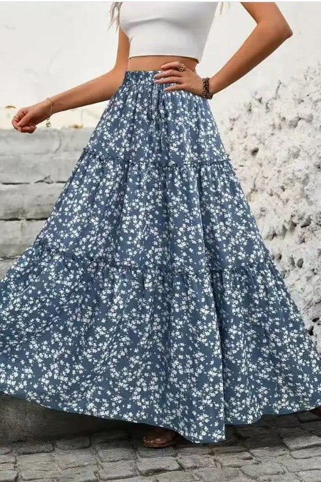 Black Floral Tiered Maxi Skirt (Boho High Waist)