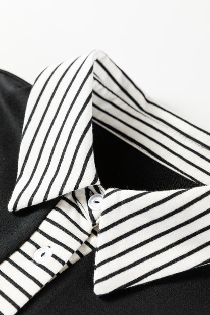 Black Long Sleeve Dress with Striped Collar – Casual Chic Collared Swing Dress