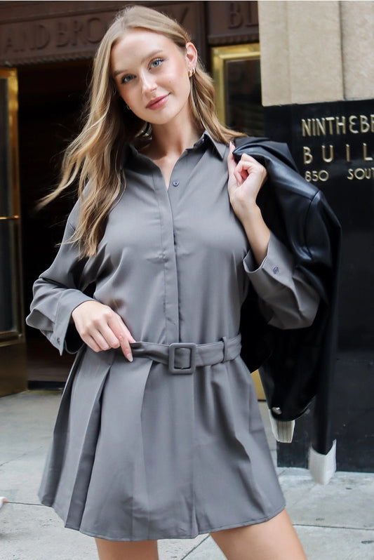 Belted Shirt Dress (Long Sleeve Button-Front Mini | 2 Colors)
