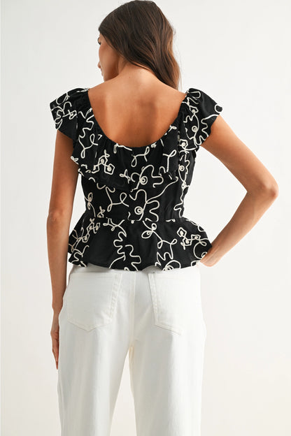Camellia Black & Ivory Abstract Print Ruffle Blouse