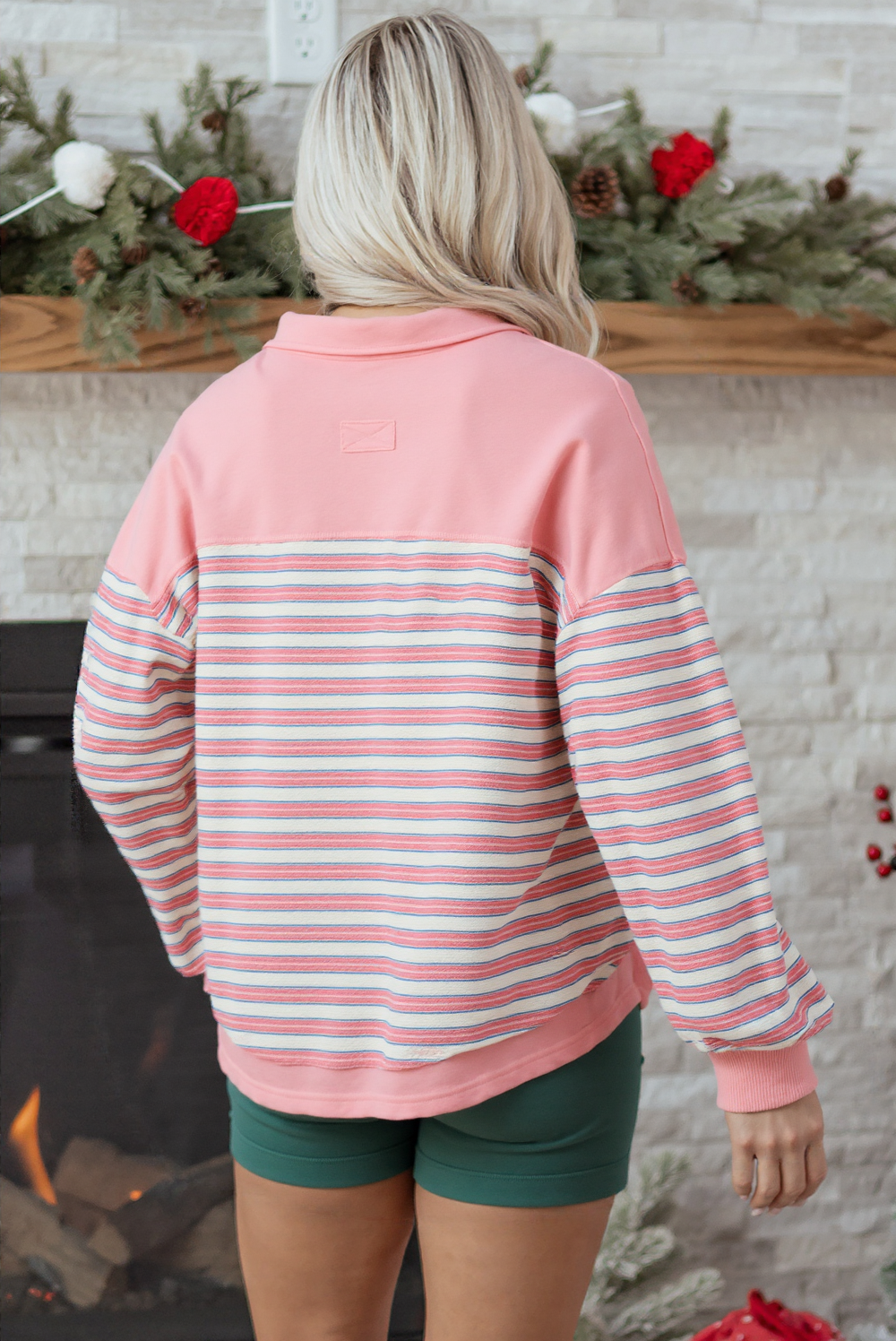 Pink Striped Henley Long Sleeve Top – Lightweight Casual Pullover