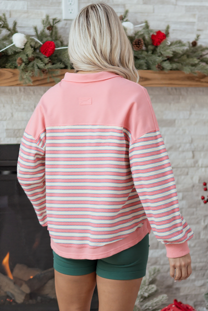 Pink Striped Henley Long Sleeve Top – Lightweight Casual Pullover
