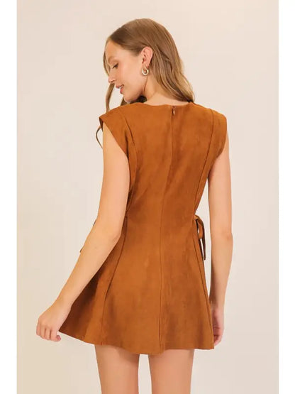 Suede Look Side-Tie Mini Dress (Sleeveless Fit & Flare)