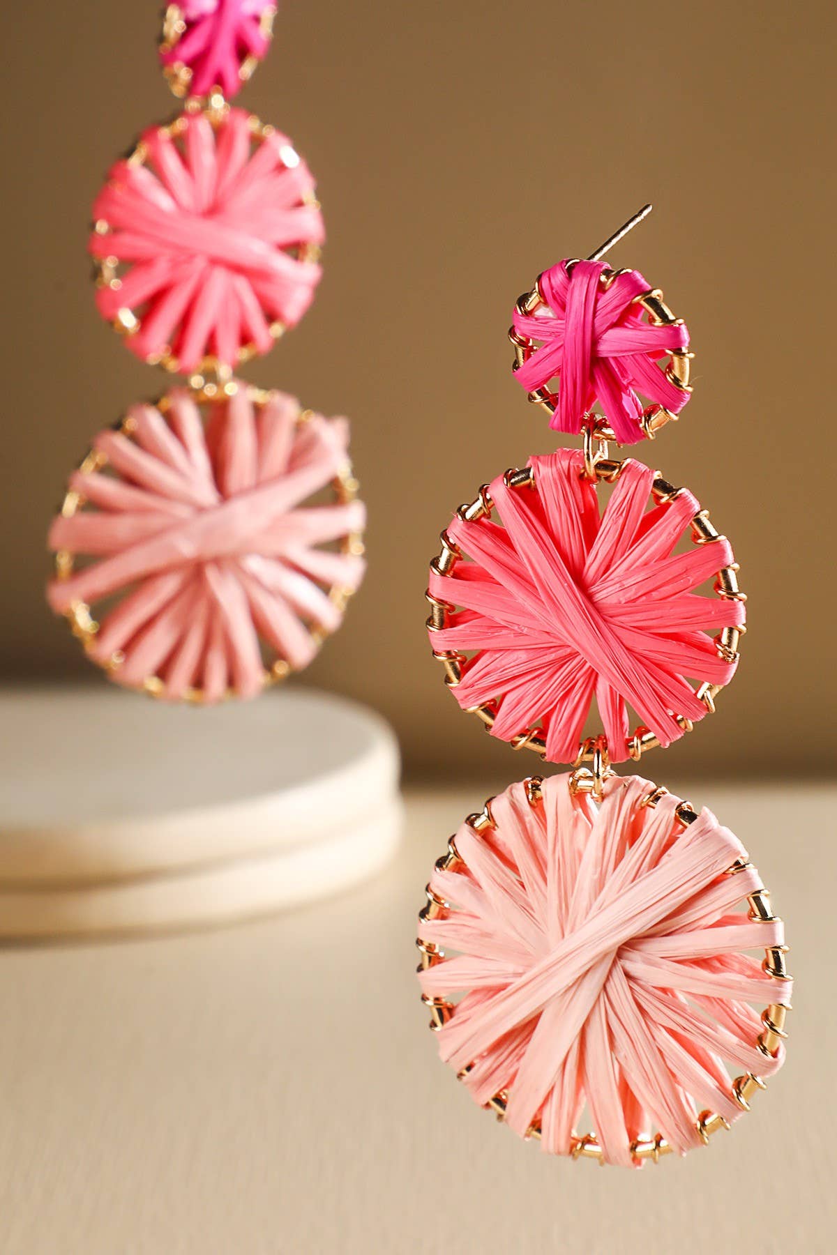Rainbow Woven Disc Drop Earrings (Triple Statement Dangles)