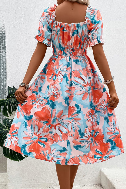 Floral Print Puff Sleeve Midi Dress