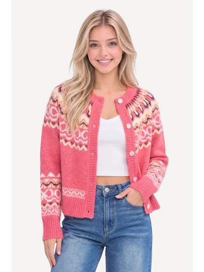 Camellia Pink Fair Isle Knit Cardigan | Saturday Luxe Lunch