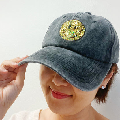 Sequin Smiley Face Baseball Cap (Washed Dad Hat | Multiple Colors)