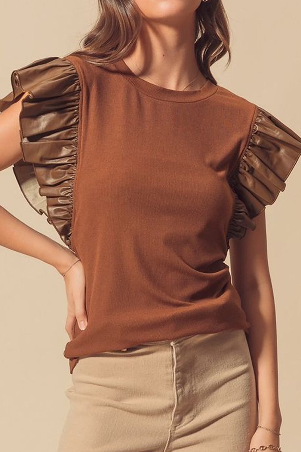 Black Ruffle Sleeve Top with Faux Leather Detail – Chic Statement Shoulder Tee