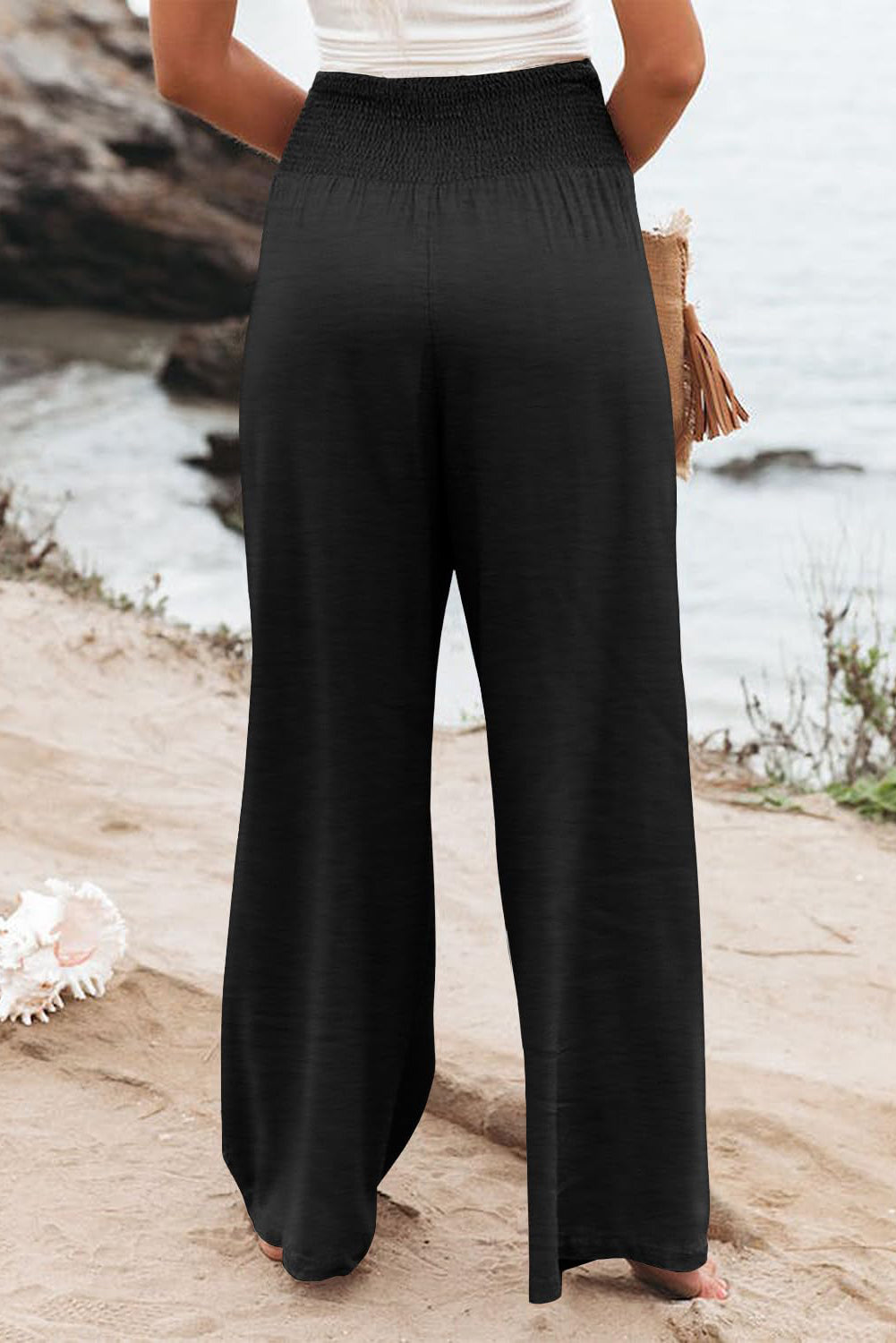 Black Smocked High-Waisted Wide-Leg Pants – Effortlessly Comfortable