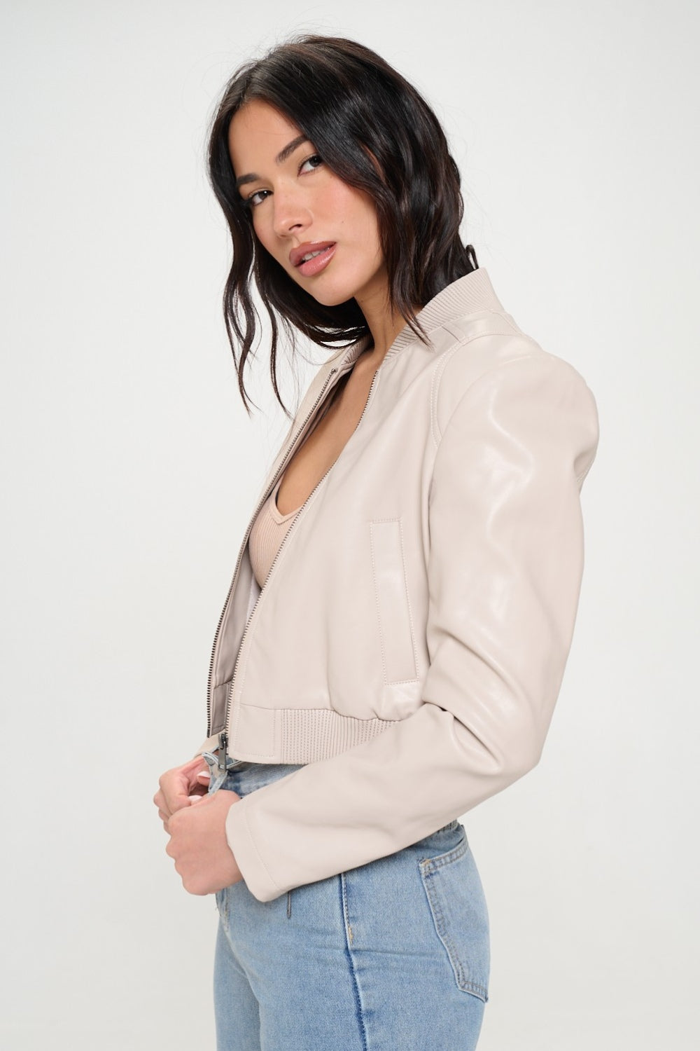 Sleek Beige Faux Leather Bomber Jacket