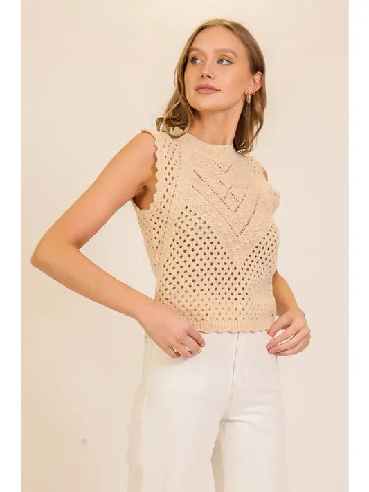 Open-Knit Sweater Tank (Crochet Look Sleeveless Top | Beige)