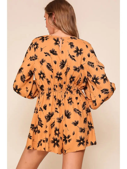 Tropical Print Long Sleeve Romper (Tie-Front V-Neck)