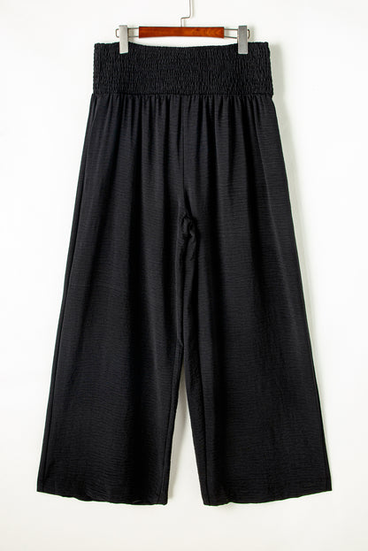 Black Smocked High-Waisted Wide-Leg Pants – Effortlessly Comfortable