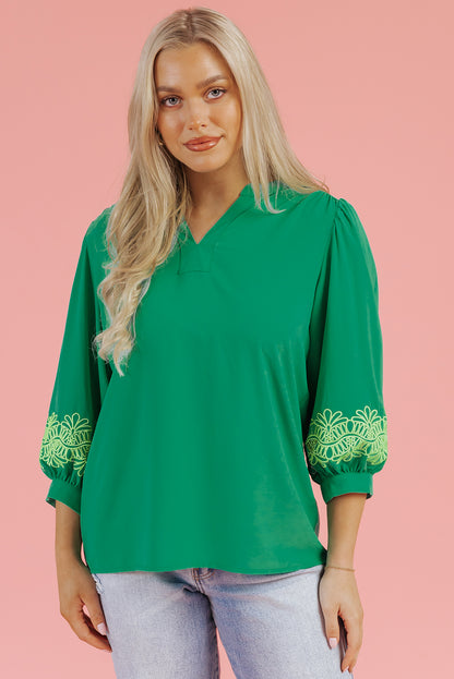 Embroidered Green Blouse with Puff Sleeves – Chic Spring & Summer Top