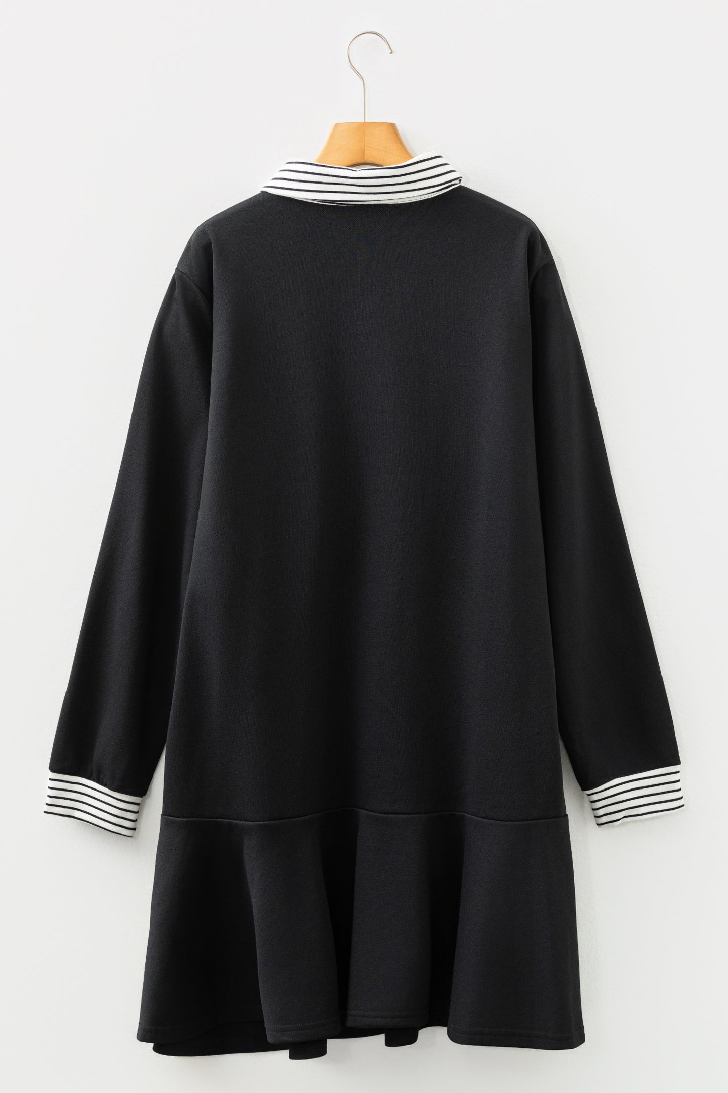 Black Long Sleeve Dress with Striped Collar – Casual Chic Collared Swing Dress