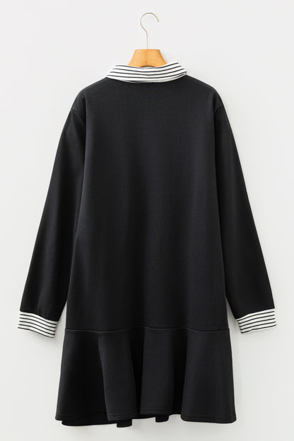 Black Long Sleeve Dress with Striped Collar – Casual Chic Collared Swing Dress