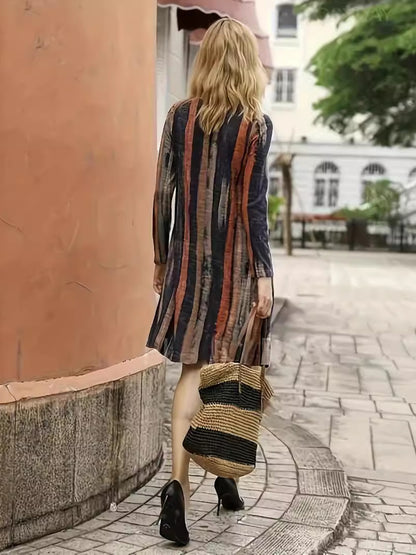 Vintage Striped Long-Sleeve Midi Dress