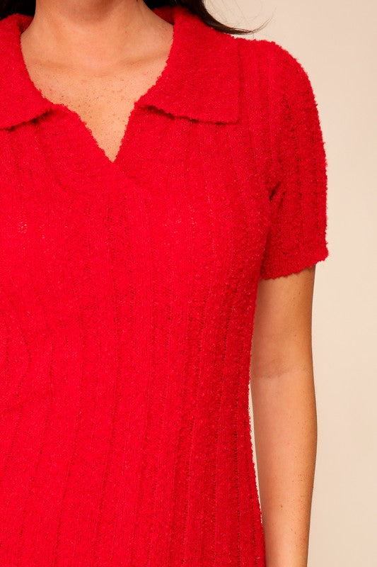 Textured Knit Polo Sweater Dress (Short Sleeve Mini | Red)