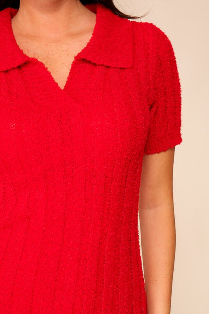 Textured Knit Polo Sweater Dress (Short Sleeve Mini | Red)
