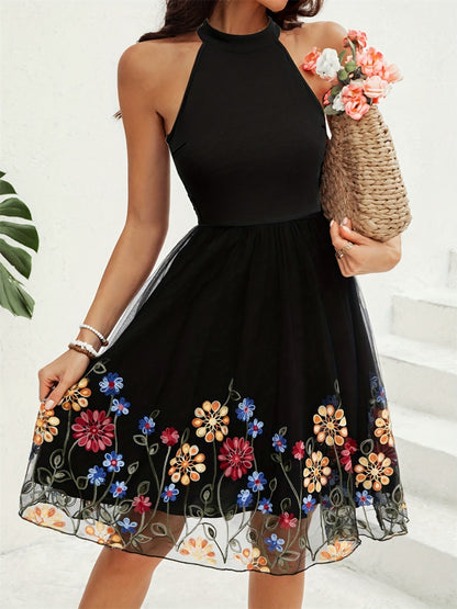 Black Halter Floral Embroidered Tulle Dress – Chic and Romantic Style