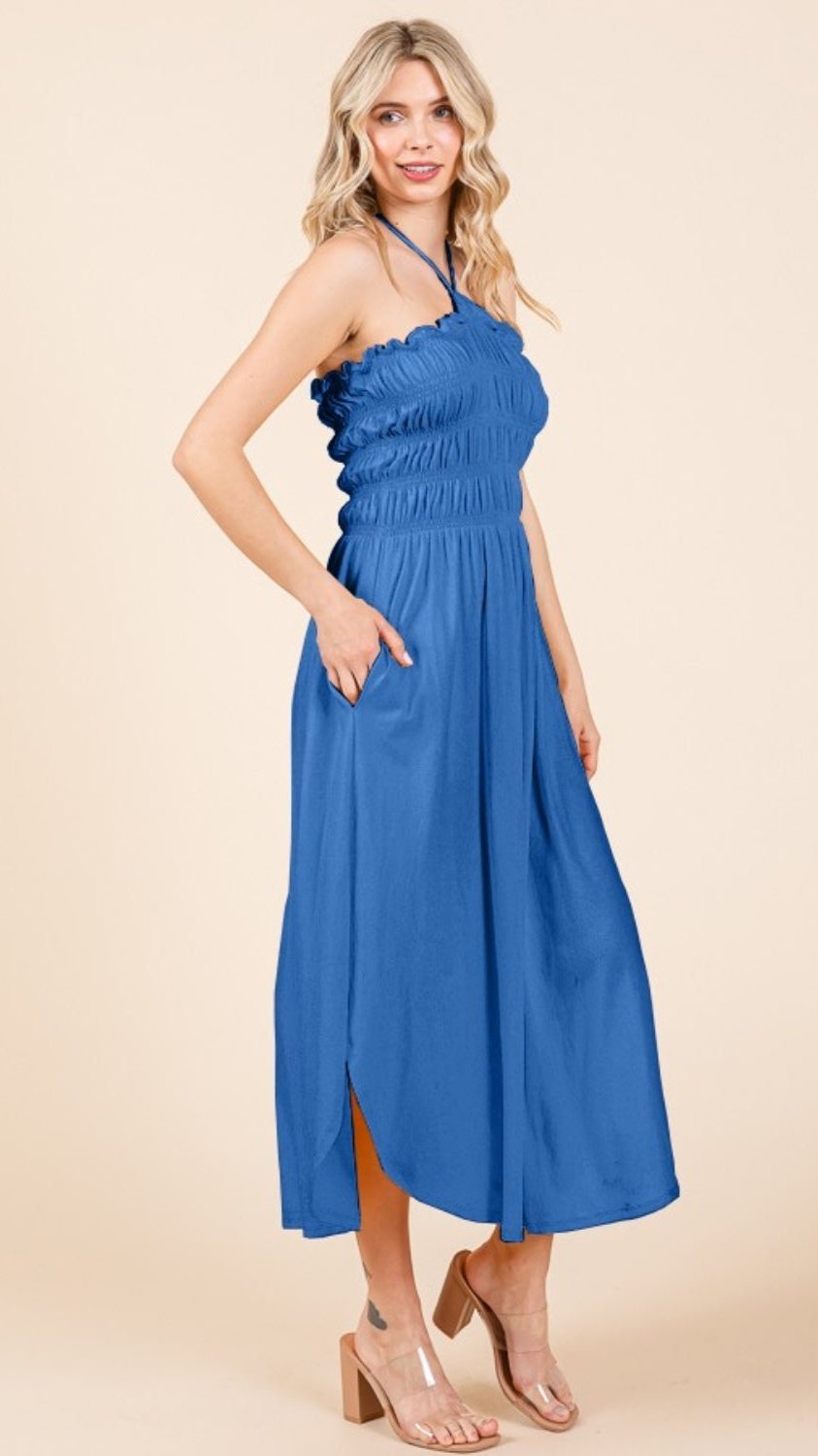 Royal Blue Smocked Halter Maxi Dress – Elegant and Effortless Summer Style