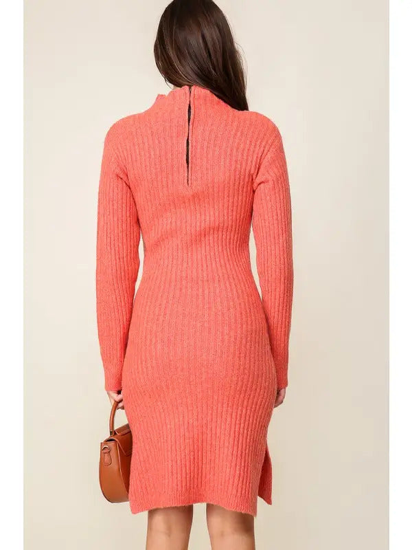 Ribbed Mock Neck Sweater Dress (Long Sleeve Midi)