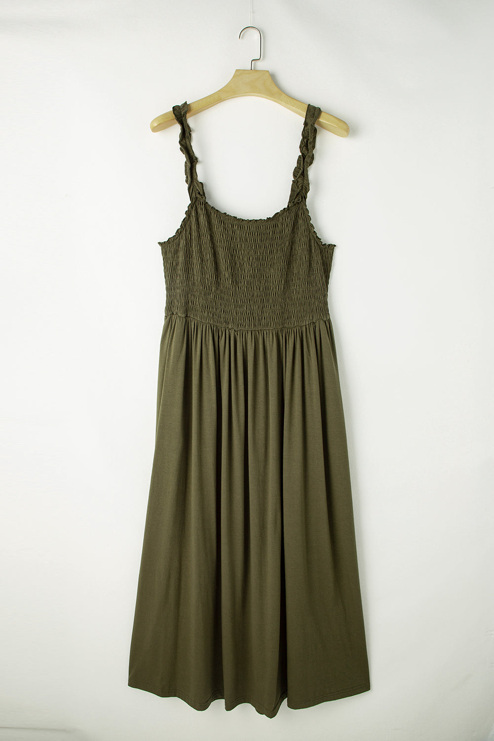 Olive Green Smocked Maxi Dress with Ruffle Straps – Perfect for Summer Vibes