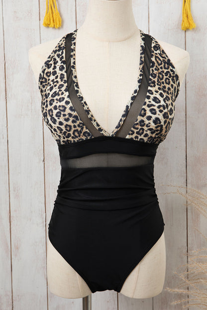 Brown Leopard Print High-Waisted Swimsuit with Mesh Details – Fierce and Flattering