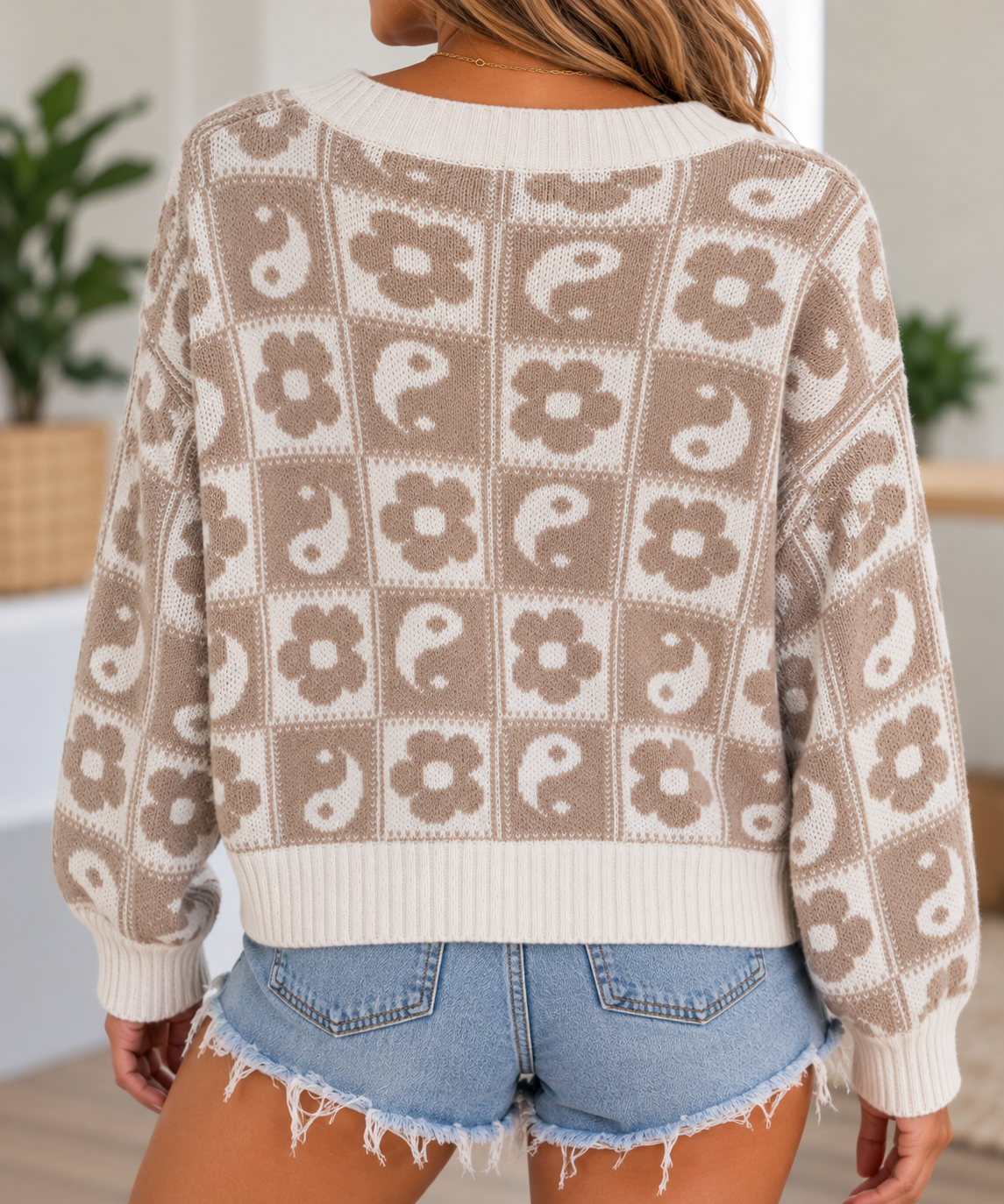 American Eagle Yin Yang Checkerboard Knit Cardigan – Taupe & Cream, Size M