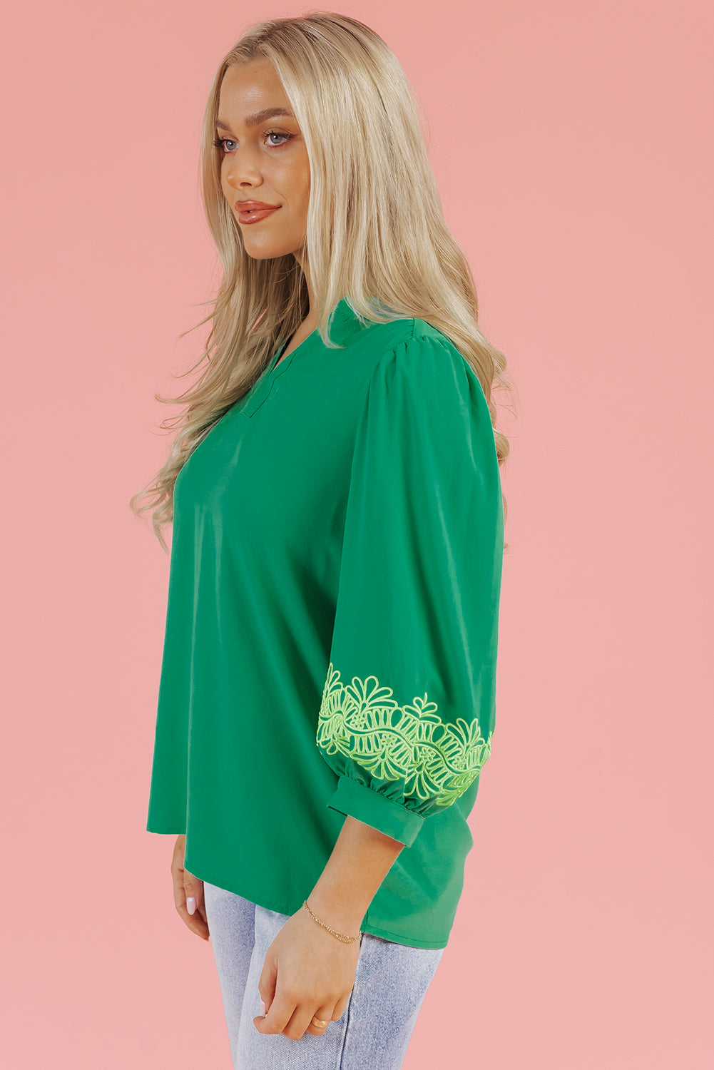 Embroidered Green Blouse with Puff Sleeves – Chic Spring & Summer Top
