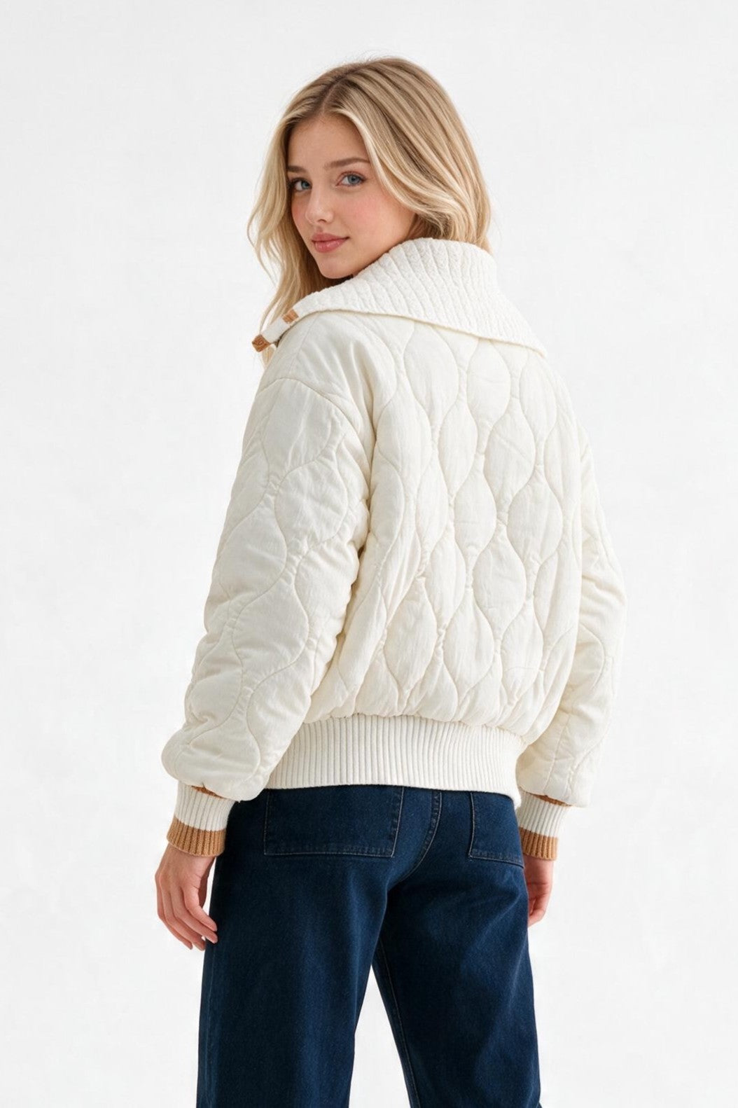 Camellia Luxe Quilted Cable-Knit Cardigan | Ivory & Camel