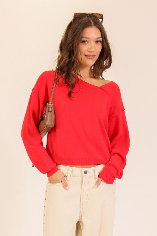 Lightweight V-Neck Sweater (Relaxed Fit Pullover | Red)