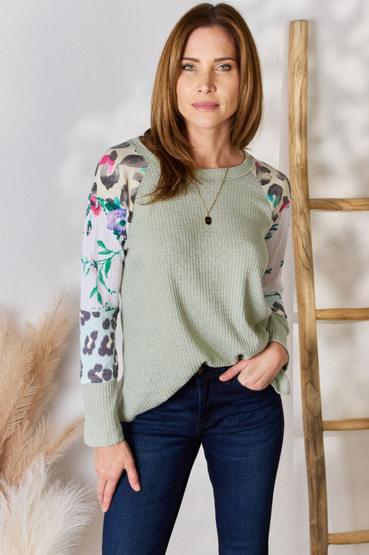 Sage Green Waffle Knit Top with Floral & Leopard Print Sleeves