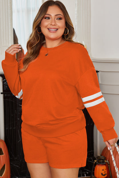 Plus Size Orange Lounge Set – Cozy Fall Sweatshirt & Shorts with Stripe Sleeves