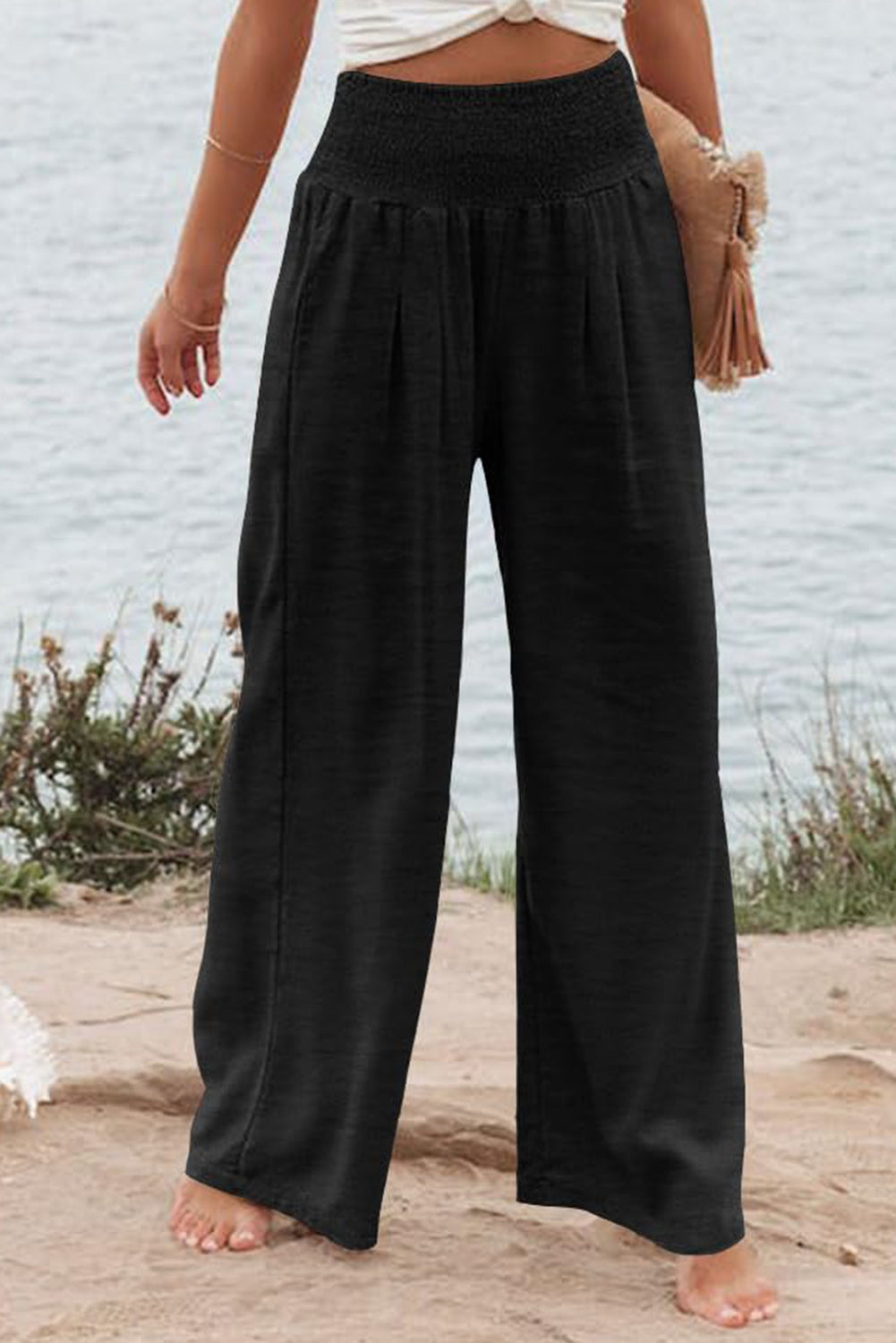 Black Smocked High-Waisted Wide-Leg Pants – Effortlessly Comfortable