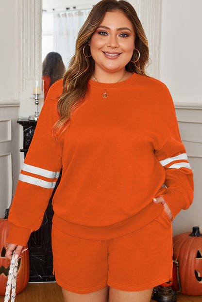 Plus Size Orange Lounge Set – Cozy Fall Sweatshirt & Shorts with Stripe Sleeves