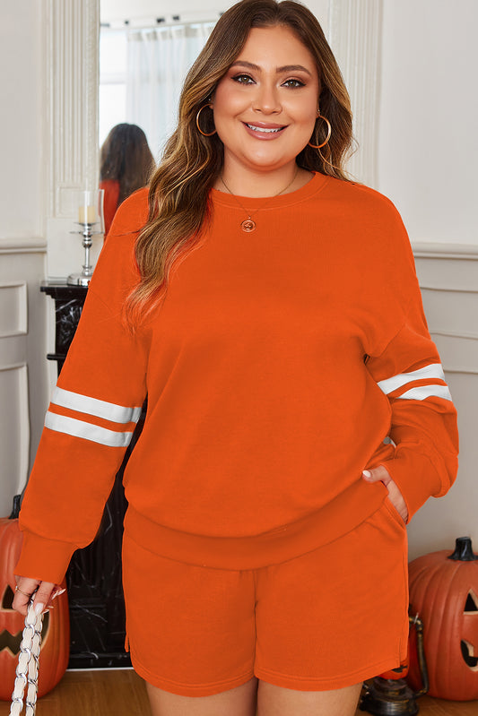 Plus Size Orange Lounge Set – Cozy Fall Sweatshirt & Shorts with Stripe Sleeves