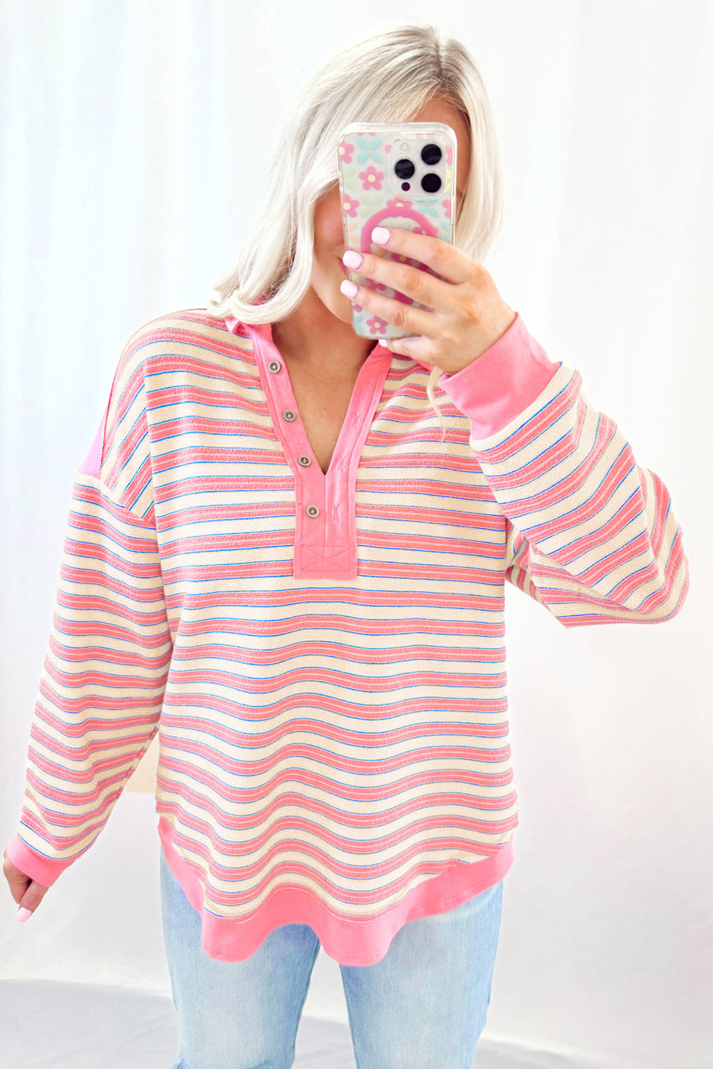 Pink Striped Henley Long Sleeve Top – Lightweight Casual Pullover