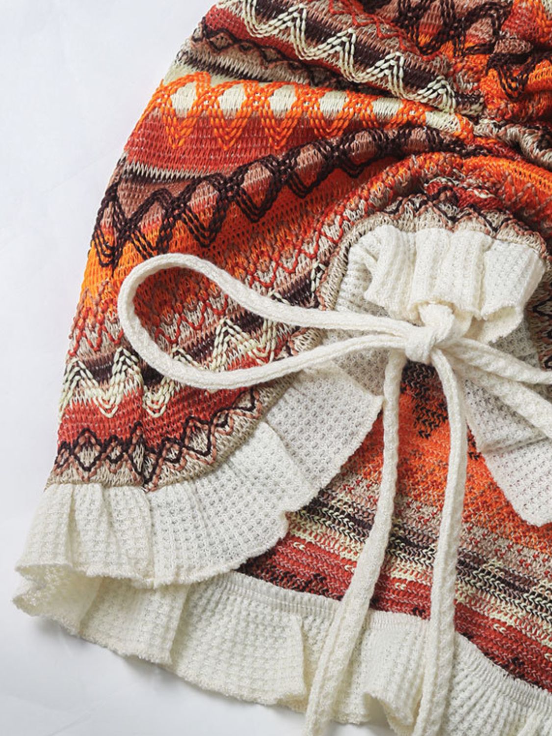 Boho Knit Drawstring Mini Dress with Tribal Pattern