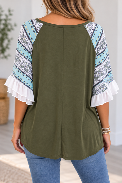 Miss Sparkling Olive Green Top with Printed Ruffle Sleeves – Size L