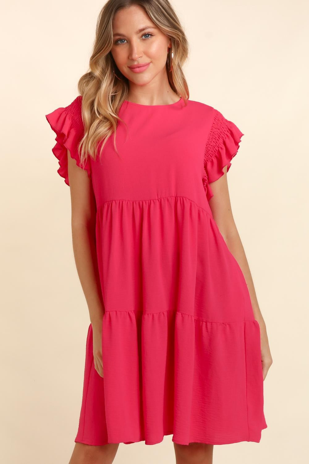 Hot Pink Ruffle Sleeve Tiered Dress – Chic & Flowy