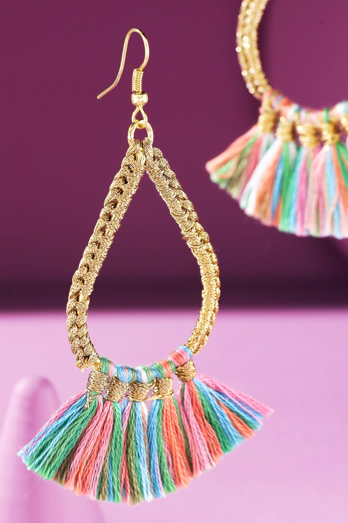 Teardrop Tassel Drop Earrings (Gold Wrapped Hoop | 3 Colors)