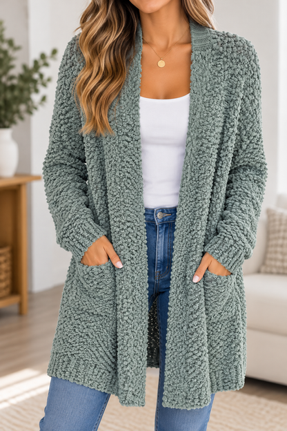Umgee Sage Green Textured Open-Front Cardigan – XL (Oversized Fit)