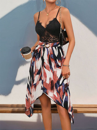 V-Neck Lace Top and Abstract Print Asymmetrical Skirt Dress – Chic & Bold Look