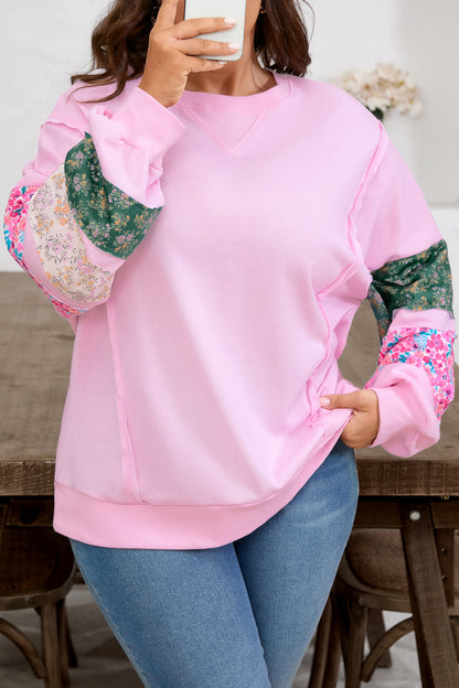 Pink Floral Patchwork Sweatshirt – Cute Spring Casual Pullover for Women
